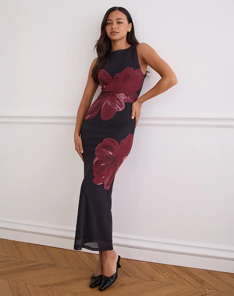 Fayola Maxi Dress In Black With Burgundy Watercolour Flower 1