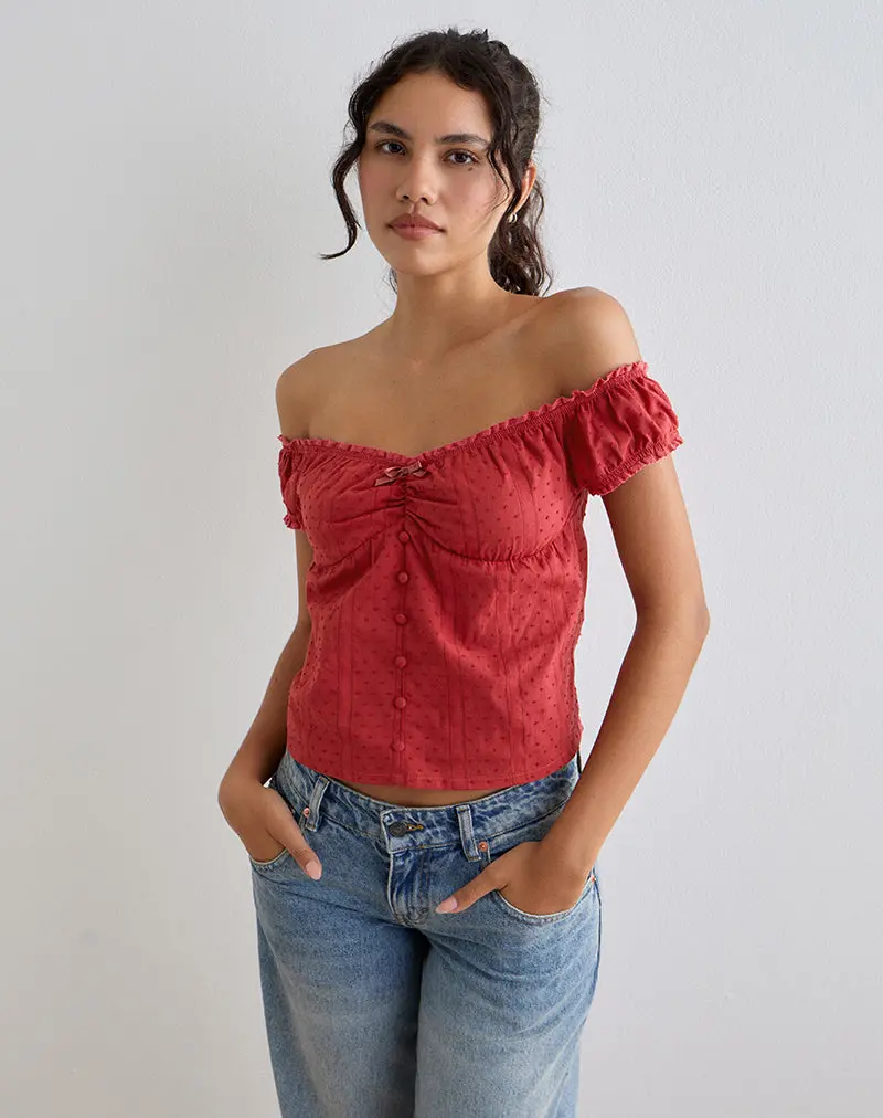 Fayra Bardot Corset Top In Cotton Dobby Red 1