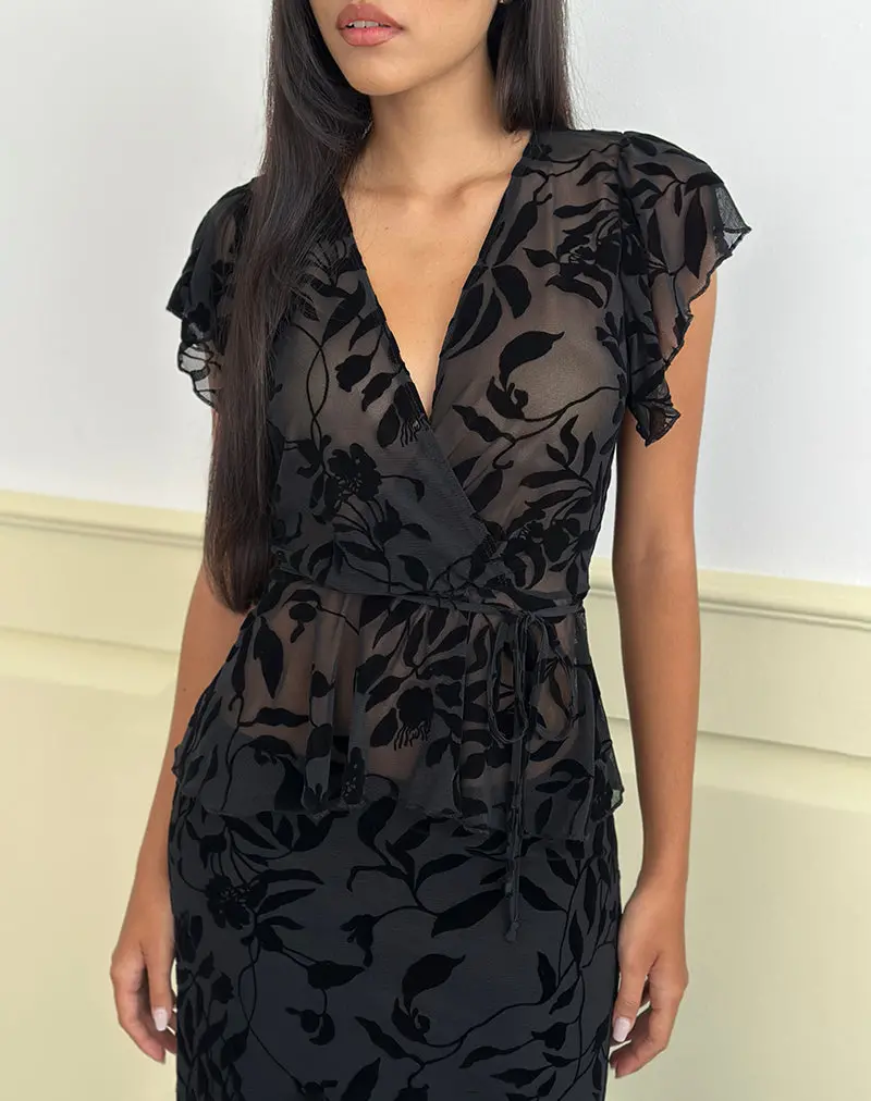 Giuliana Wrap Top In Flock Leaf Flower Black 1