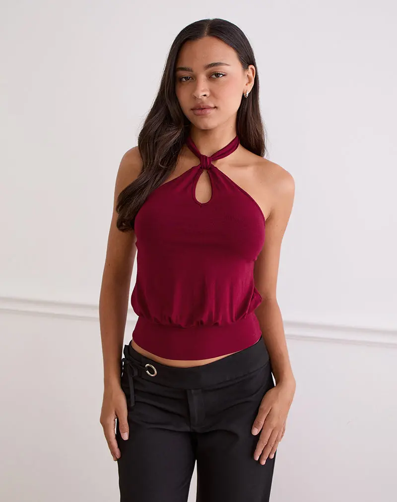 Giunea Knot Halter Top In Burgundy 1