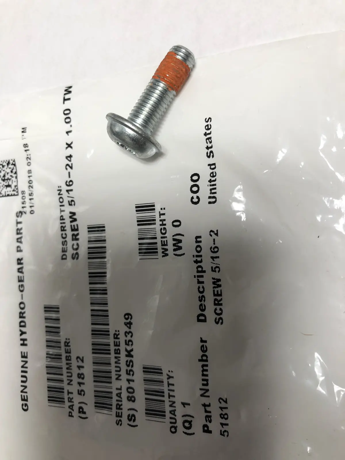 51812  Screw, 5/16 - 24 X 1.00  Hydrogear 1