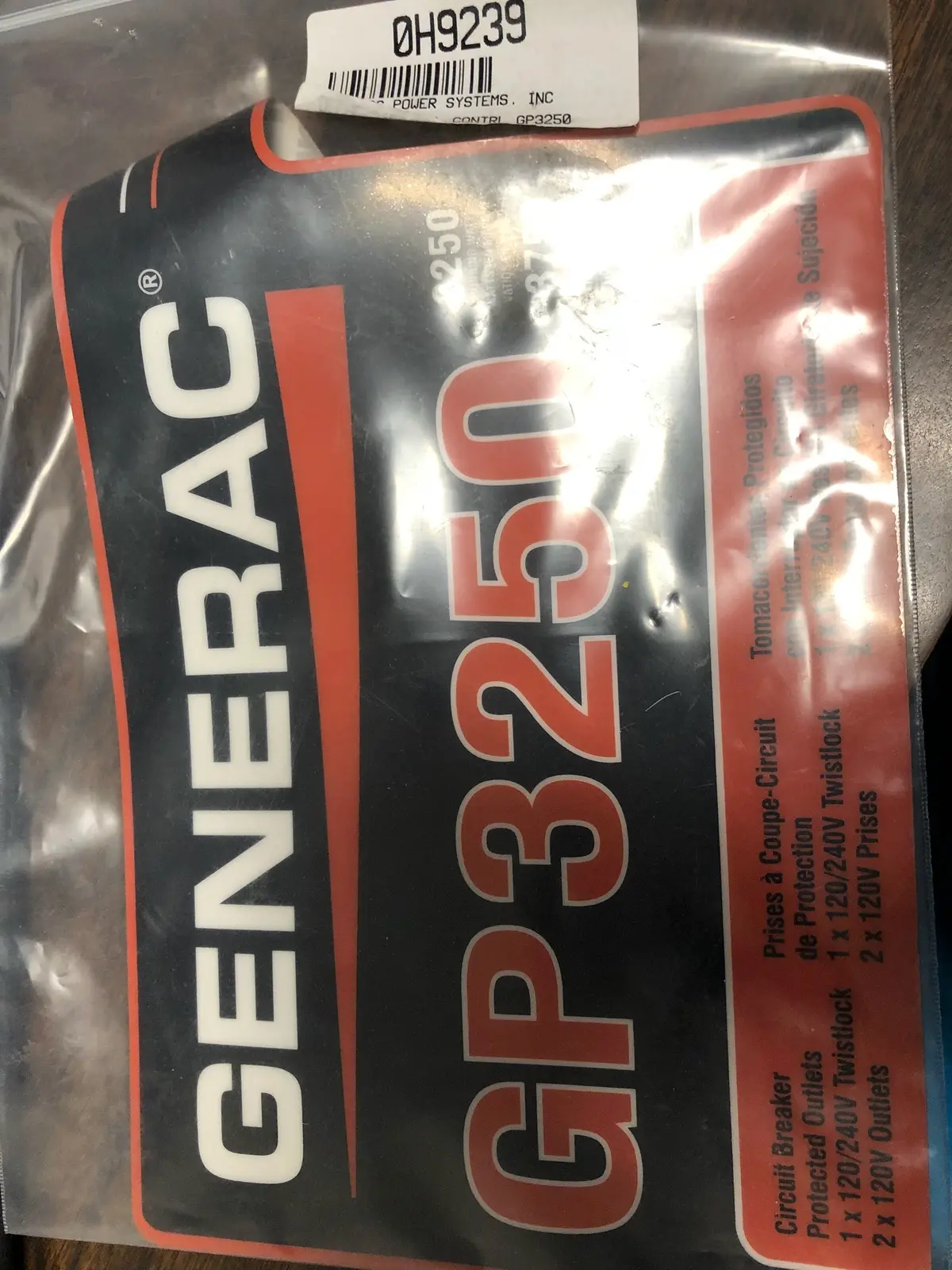 0H9239  Decal Front Panel Gp Up 3250  Generac Fm846/Wh3 1