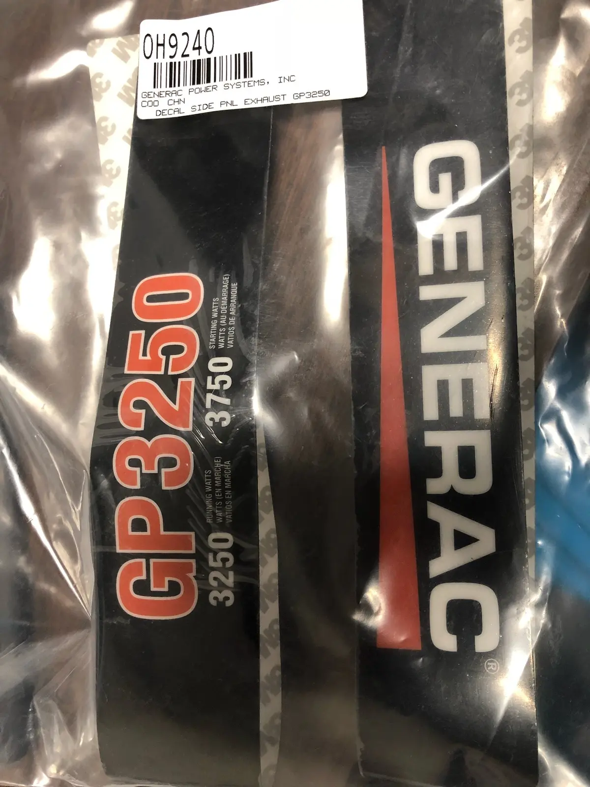 0H9240  Decal Back Rail Gp Up 3250W Generac Fm846/Wh3 1