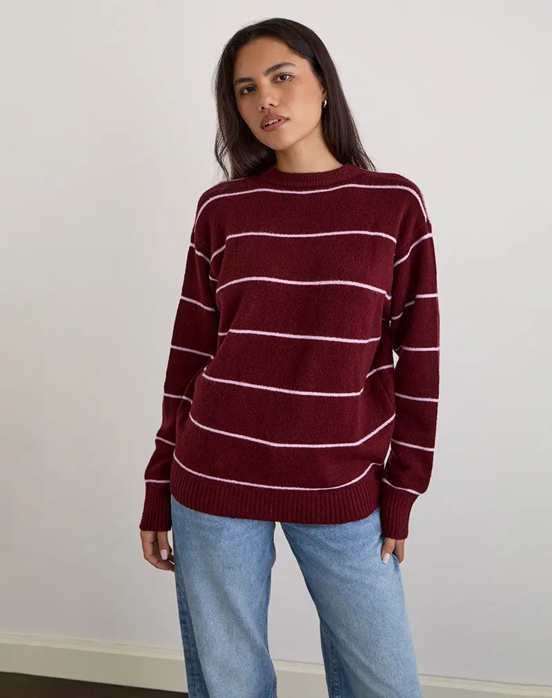 Ishari Knitted Jumper In Burgundy With Pink Stripe 1