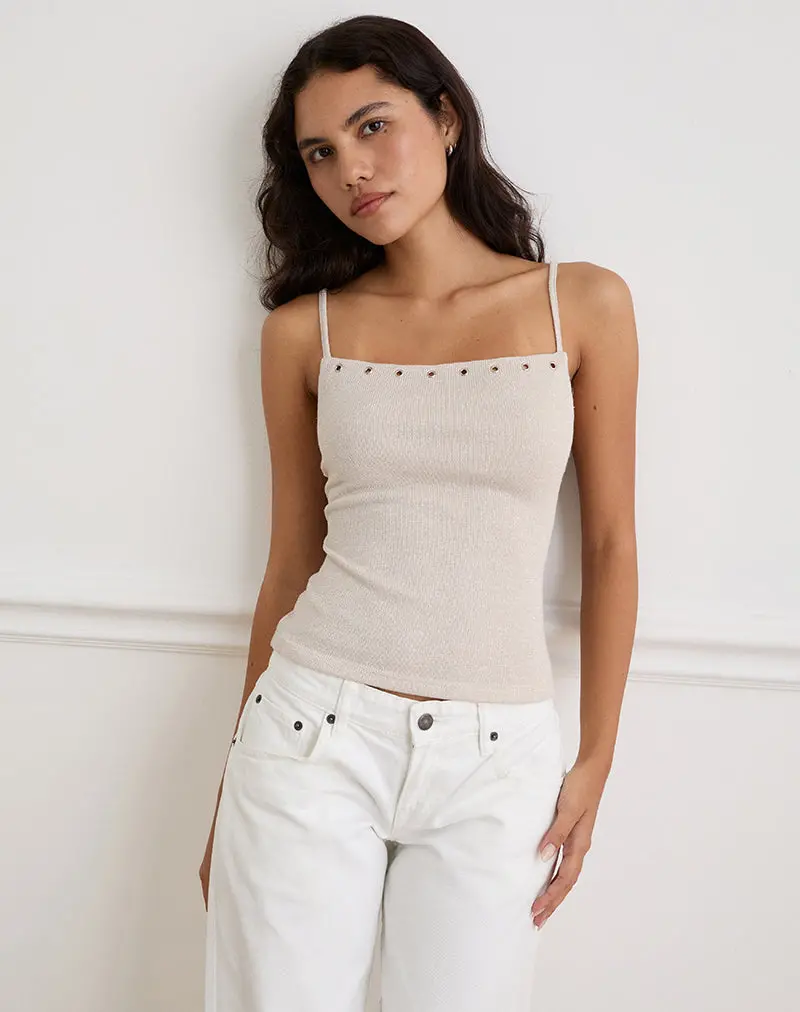 Jalari Eyelet Cami Top In Knit Oatmeal 1