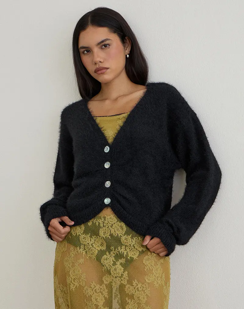 Jiyo Gathered Cardigan In Knit Black 1