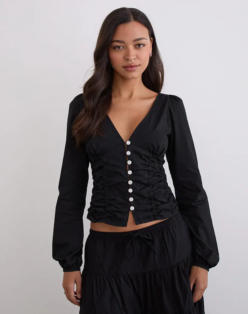Kadek Fitted Plunge Blouse In Poplin Black 1