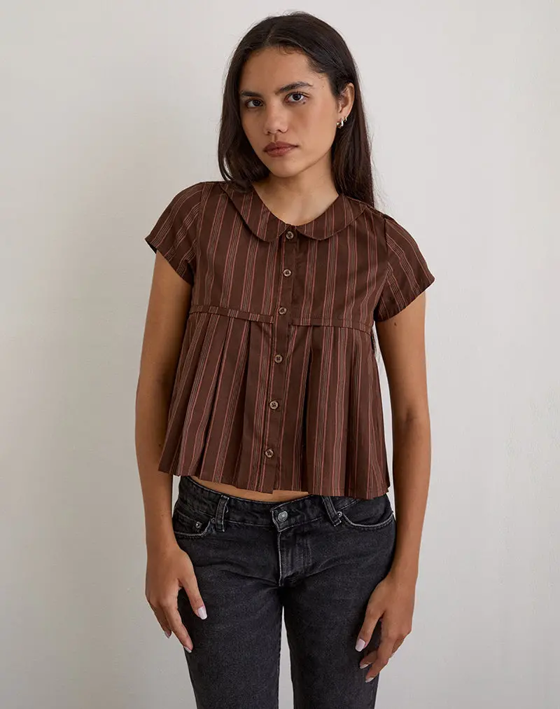 Kaelis Pleated Blouse In Stripe Brown 1