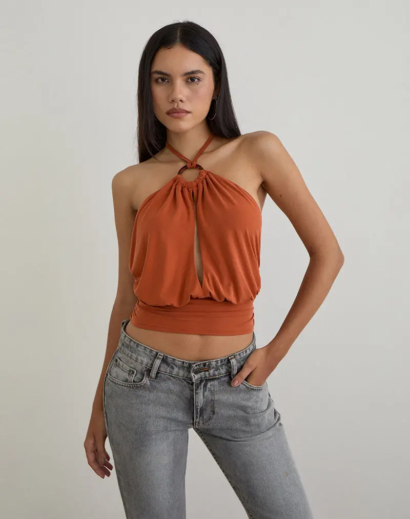 Karise Plunge Top In Cupro Burnt Orange 1
