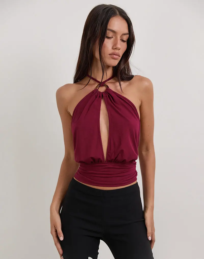 Karise Plunge Top In Rayon Burgundy 1