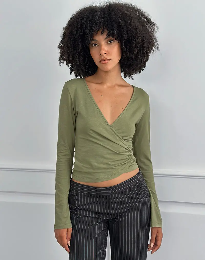 Kien Long Sleeve Wrap Top In Olive 1
