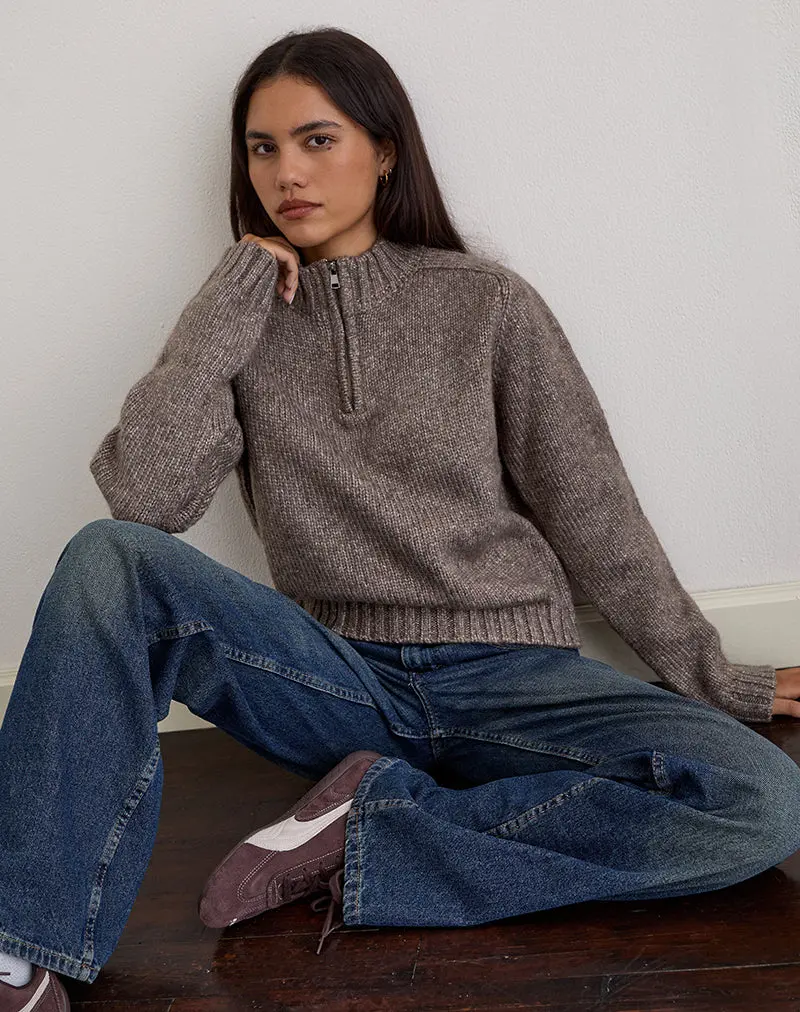Lamara Quater Zip Jumper In Dark Brown Marl 1