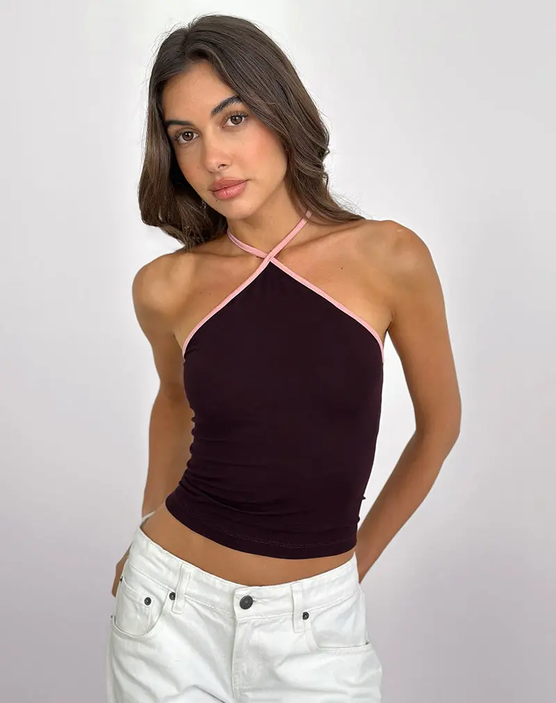 Lay Halterneck Top In Redwood With Pink Lady Binding 1