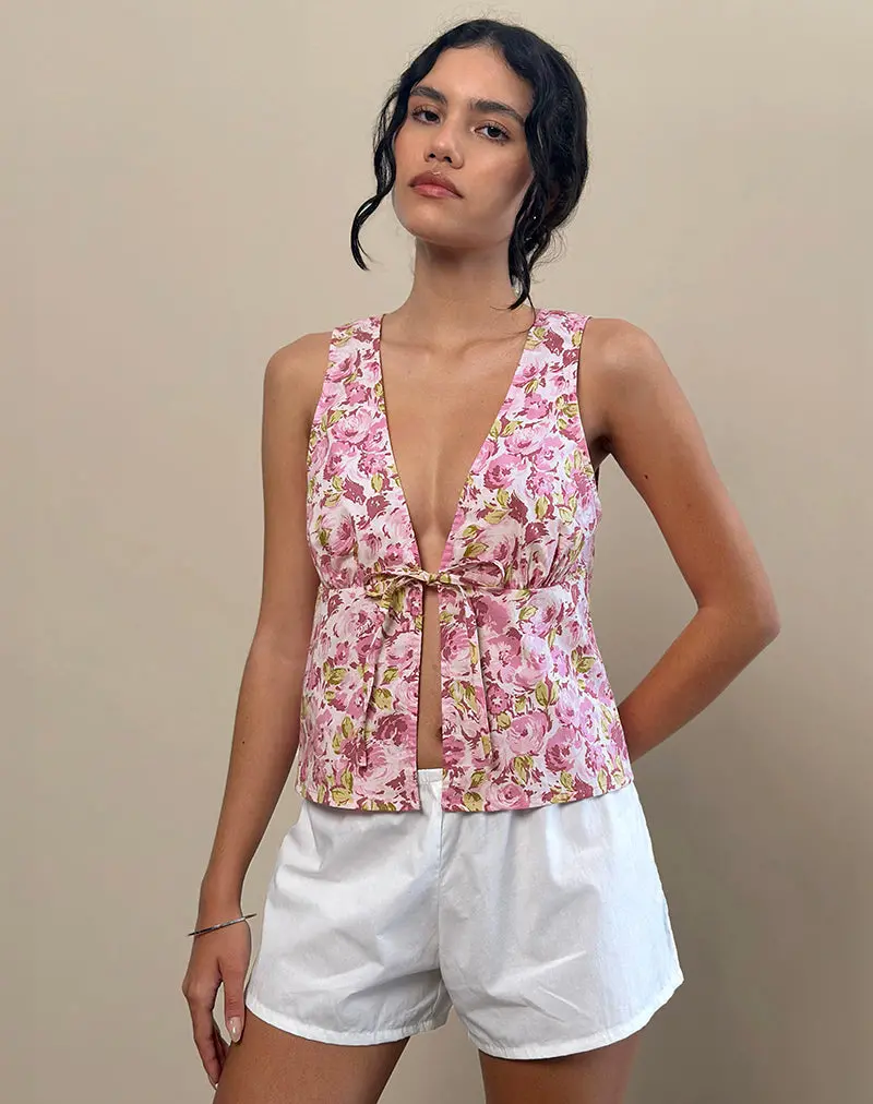 Leda Tie Front Top In Blossom Floral Pink 1