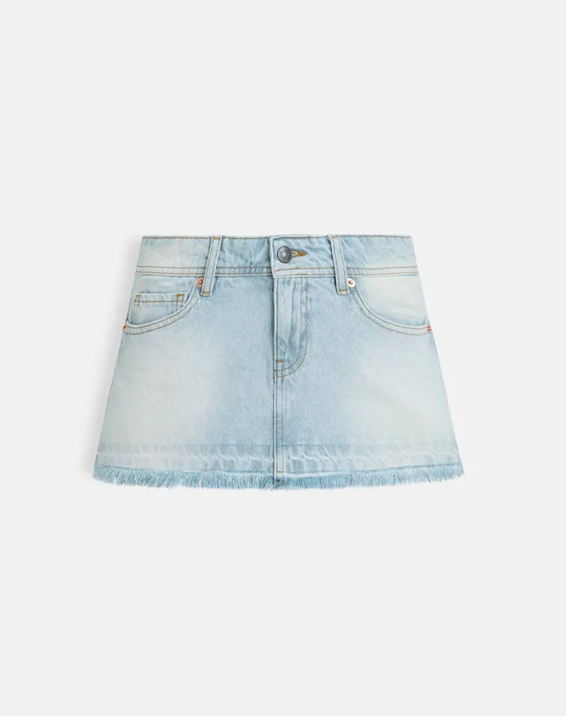 Raw Hem Low Rise Denim Mini Skirt In Icy Blue 1
