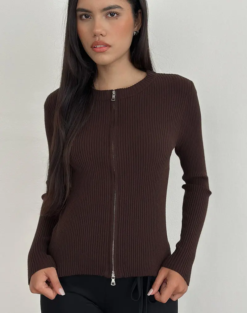 Liano Zip Cardigan In Rib Knit Brown 1