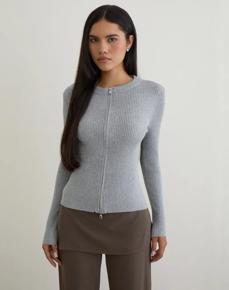 Liano Zip Cardigan In Rib Knit Grey 1