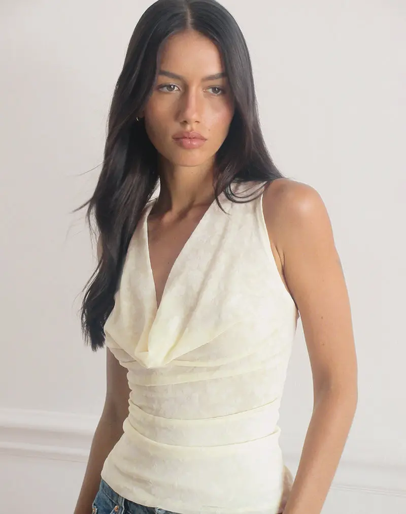 Losa Cowl Neck Top In Floral Flock Cream 1