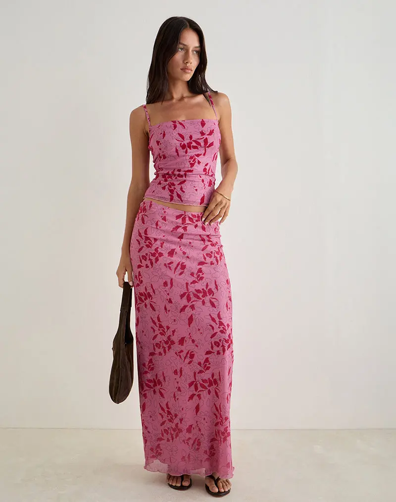 Alfreda Maxi Skirt In Stencil Flower Pink 1