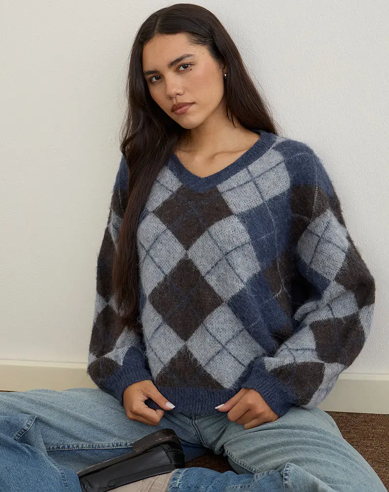 Louna Jumper In Knit Argyle Check Navy 1