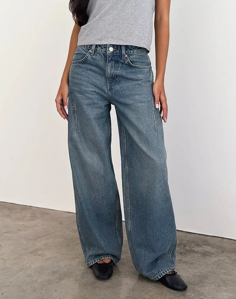 Low Slung Roomy Jeans In Vintage Blue Green 1