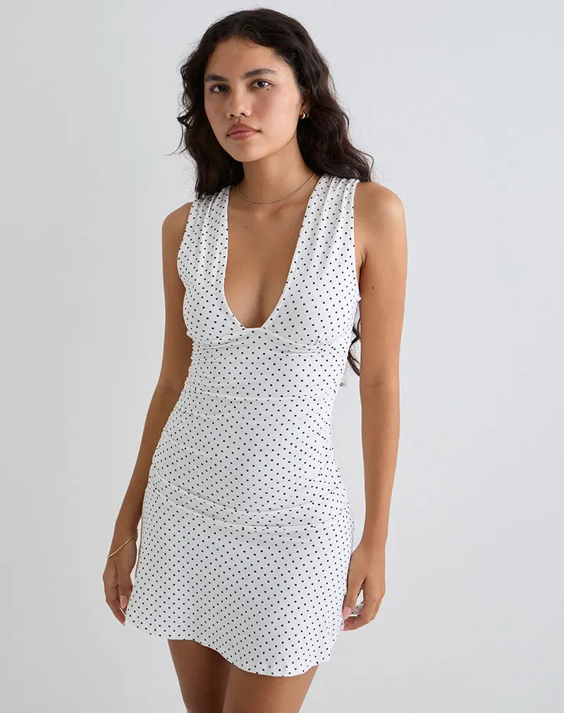 Luscian Plunge Mini Dress In White With Micro Polka Black 1