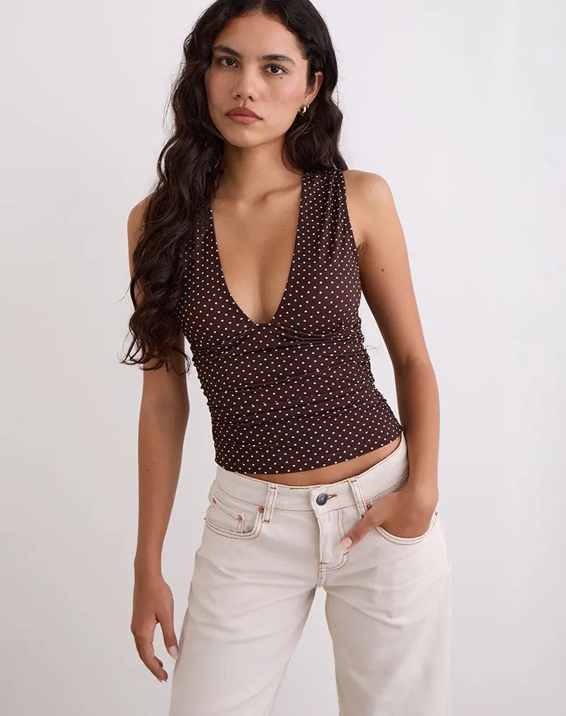 Lycia Plunge Top In Micro Polka Brown 1