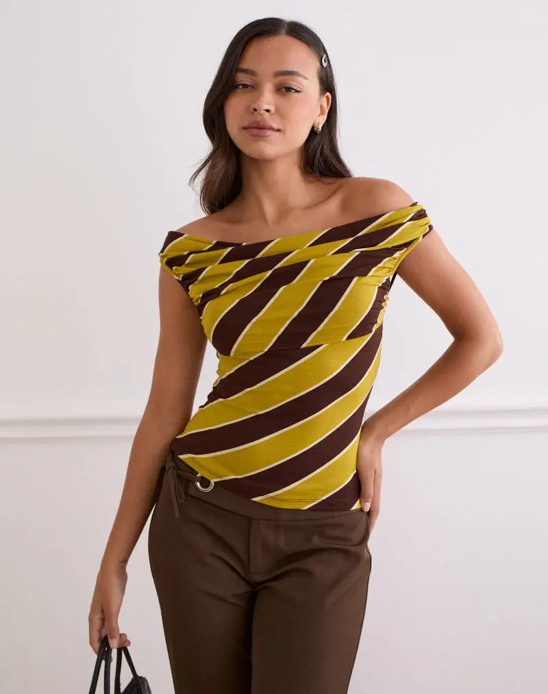Maurisia Off Shoulder Top In Retro Stripe Yellow 1