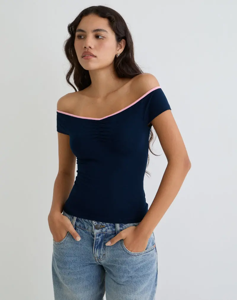 Mayomi Off The Shoulder Top In Navy With Pink Binding 1