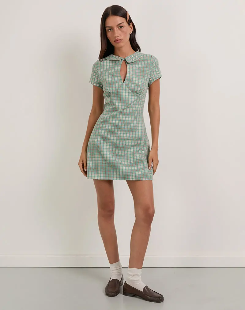 Medora Keyhole Mini Dress In Teal Check 1