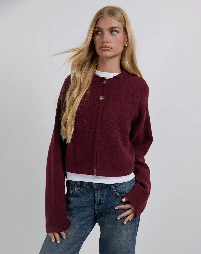 Merril Collared Cardigan In Knit Wine 1