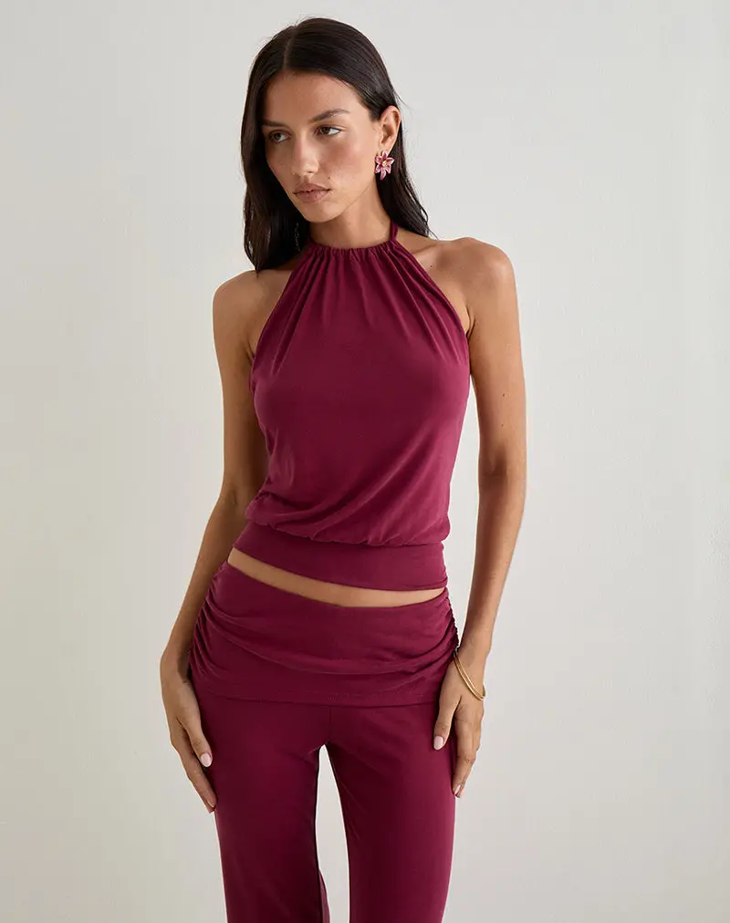 Miasa Backless Halterneck Top In Cupro Burgundy 1