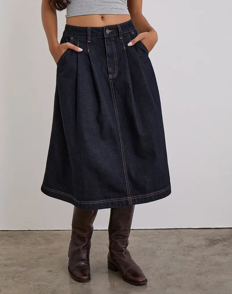 Pleated Midi Denim Skirt In Indigo 1