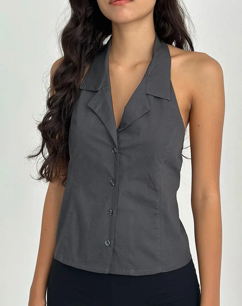 Mikanu Button Down Halterneck Blouse In Charcoal Grey 1