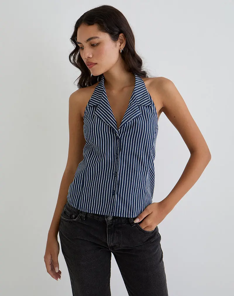 Mikanu Halterneck Blouse In Pinstripe Navy 1