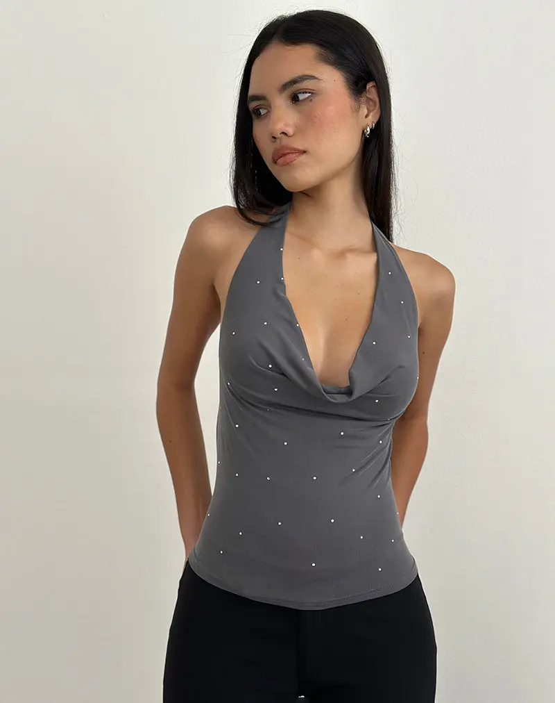 Minova Cowl Neck Top In Cupro Diamante Dark Grey 1