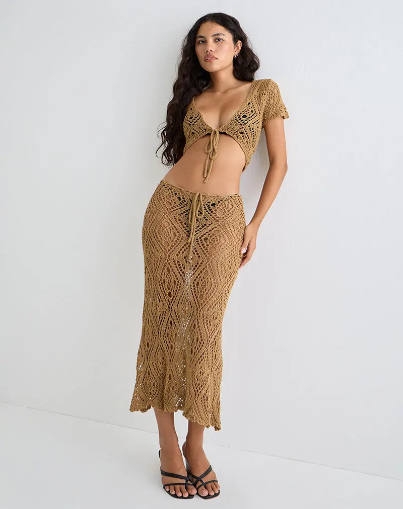 Diora Tie Front Skirt In Crochet Camel 1