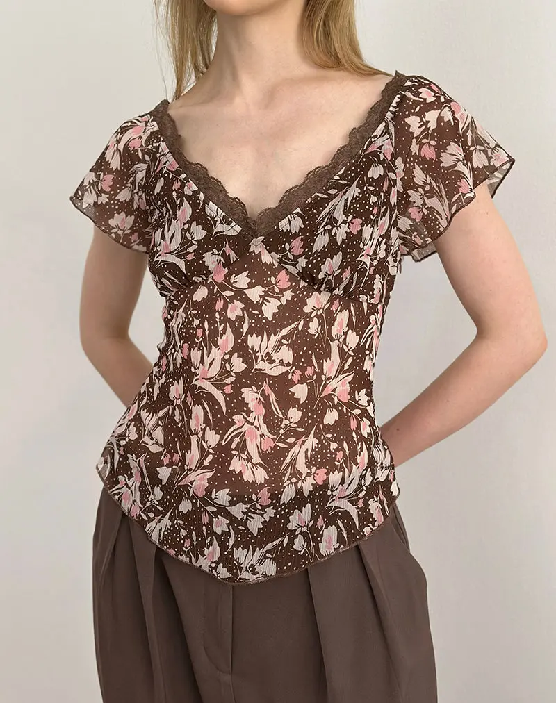 Misaki Top In Chiffon Polka Flower Brown 1