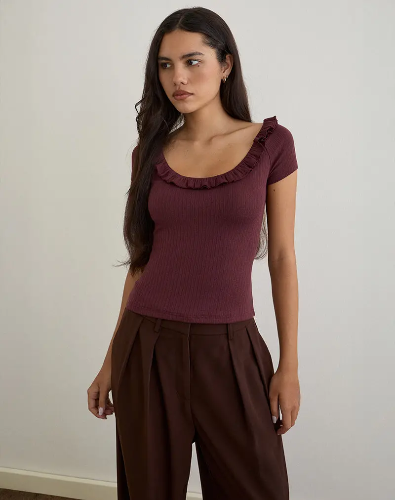 Mitali Top With Ruffle In Pointelle Burgundy 3
