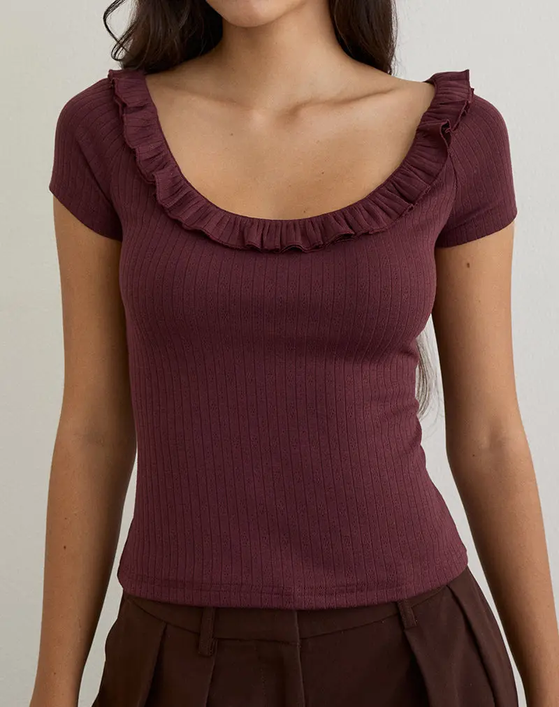 Mitali Top With Ruffle In Pointelle Burgundy 2