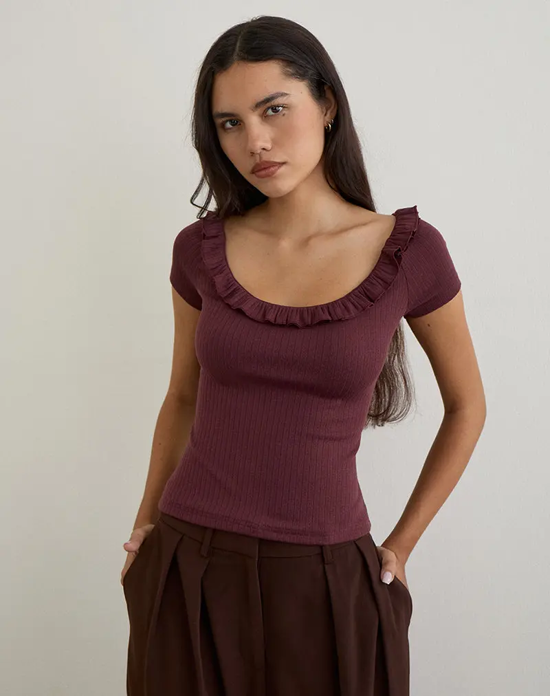 Mitali Top With Ruffle In Pointelle Burgundy 1