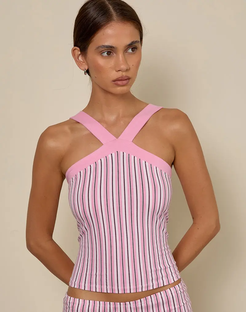 Myer Wide Strap Halterneck Top In Pinstripe Pink 1