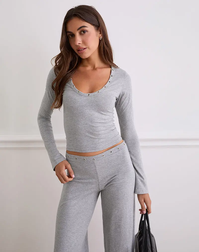 Myoga Studded Scoop Long Sleeve Top In Grey Marl 1