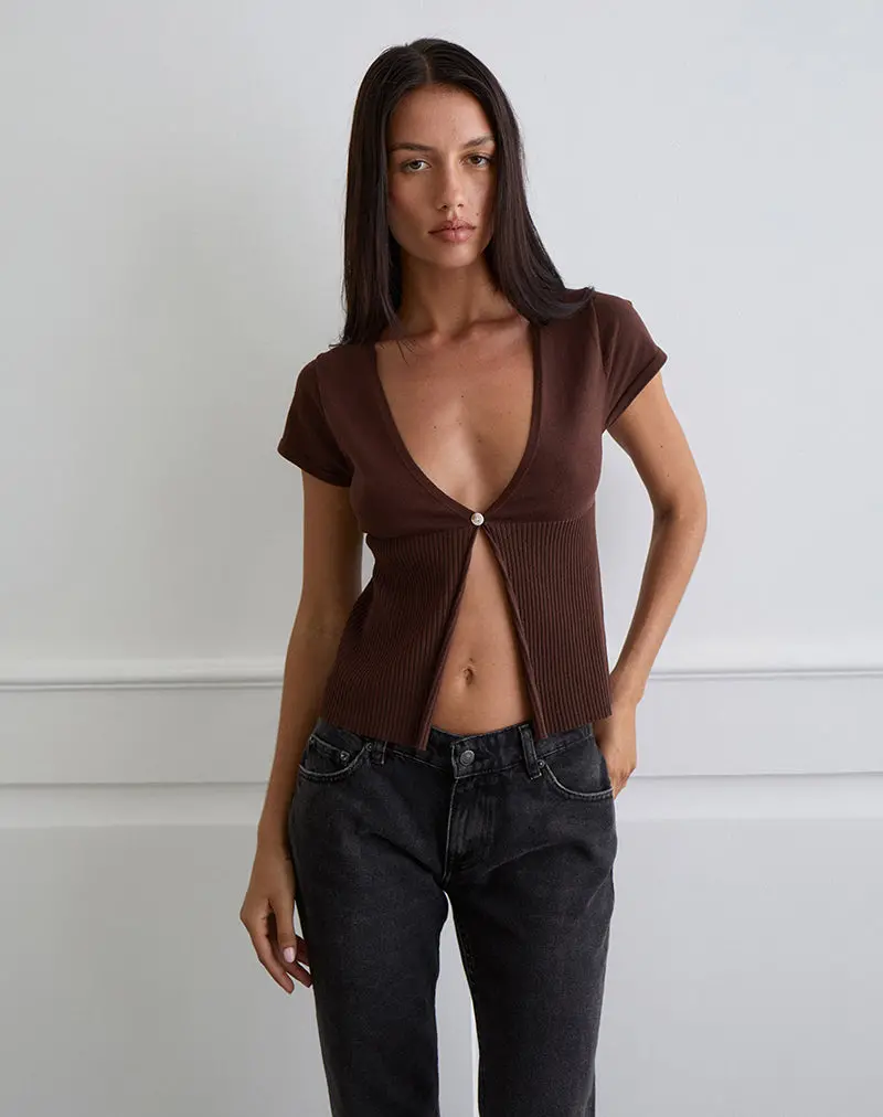 Nalo Short Sleeve Cardi In Dark Brown 1