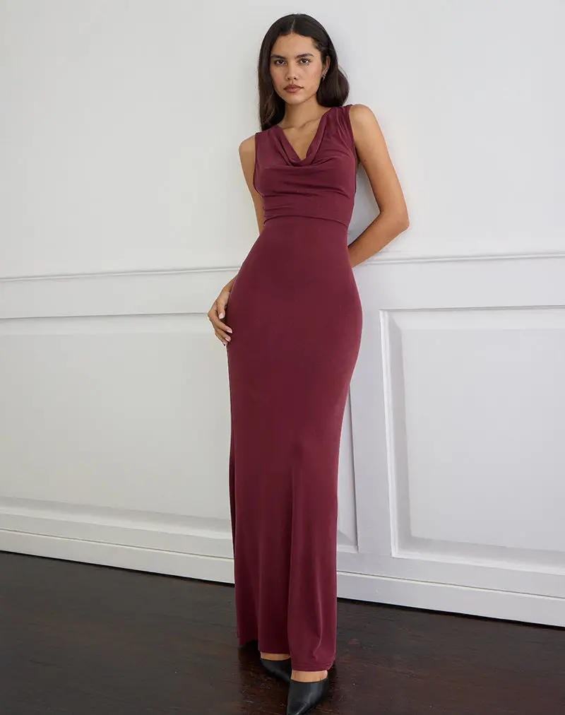 Namra Cowl Neck Maxi Dress In Cupro Burgundy 1