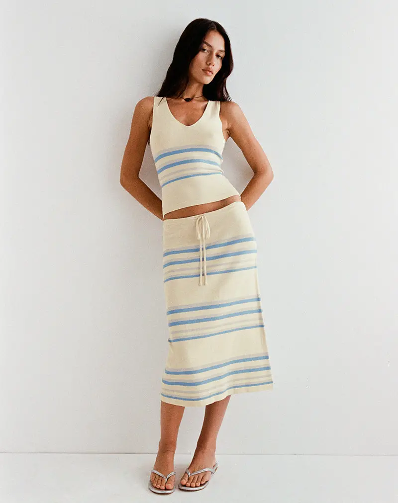 Amalia Midi Skirt In Cream With Blue And Grey Stripes 1