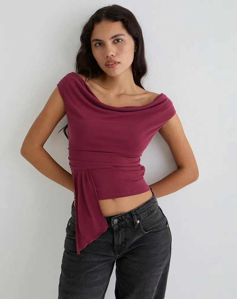 Neida Drape Top In Cupro Burgundy 1