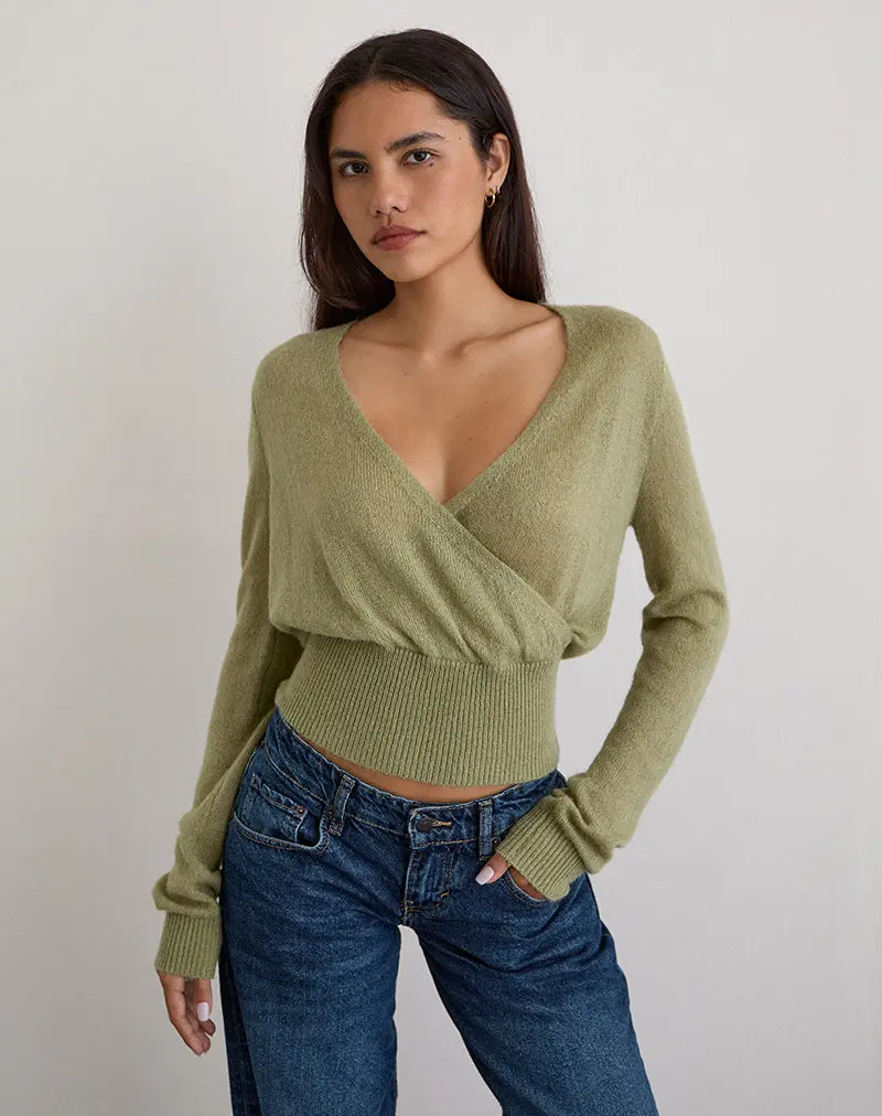 Nilza Wrap Top In Knit Sage Green 1