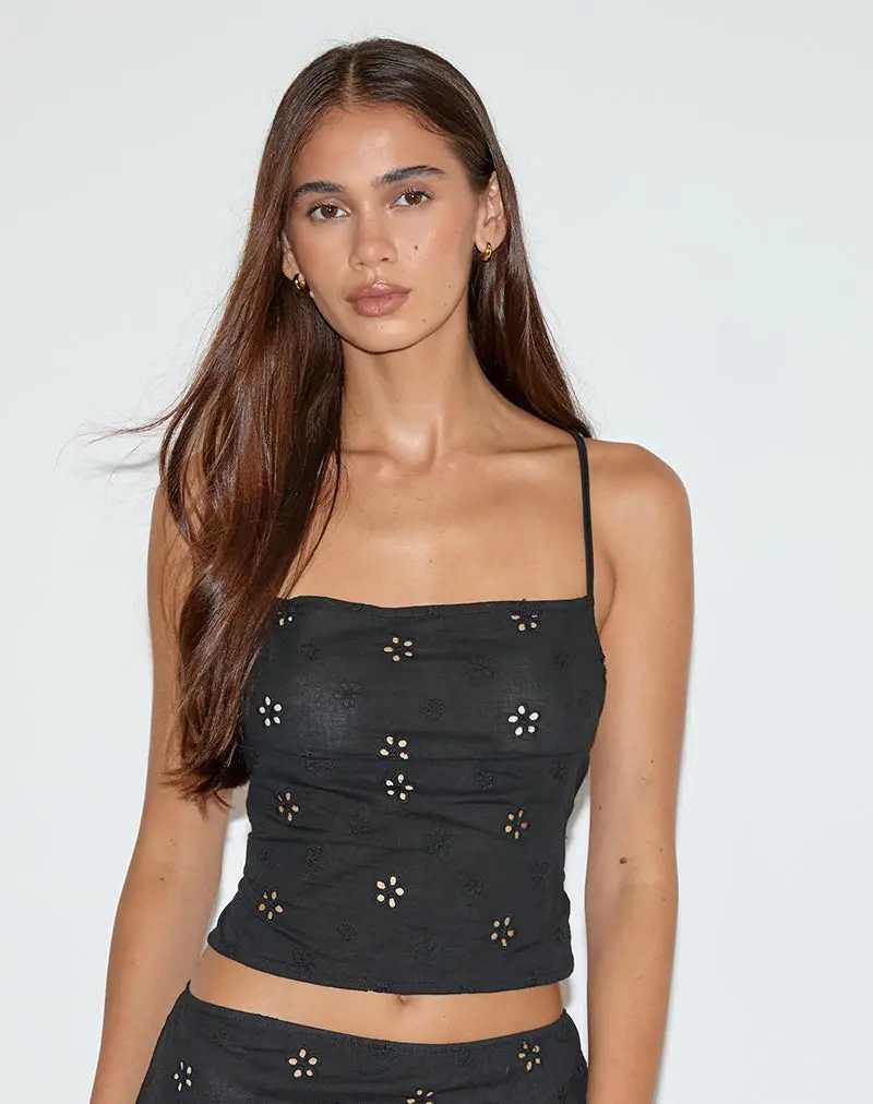 Nobita Cami Top In Flower Broderie Black 1