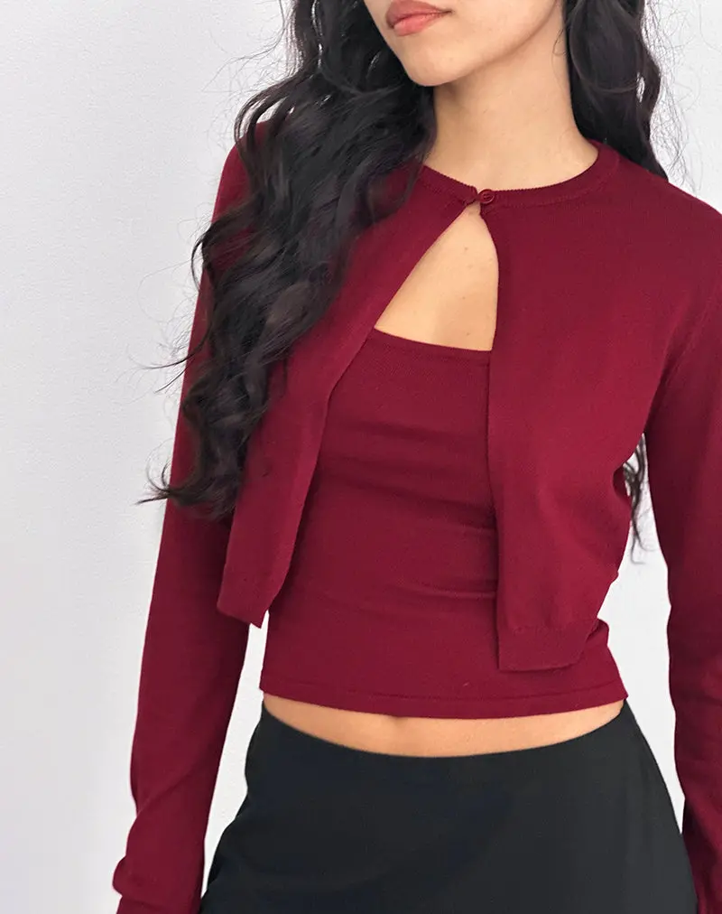 Nuha Cropped Cardigan In Burgundy 1